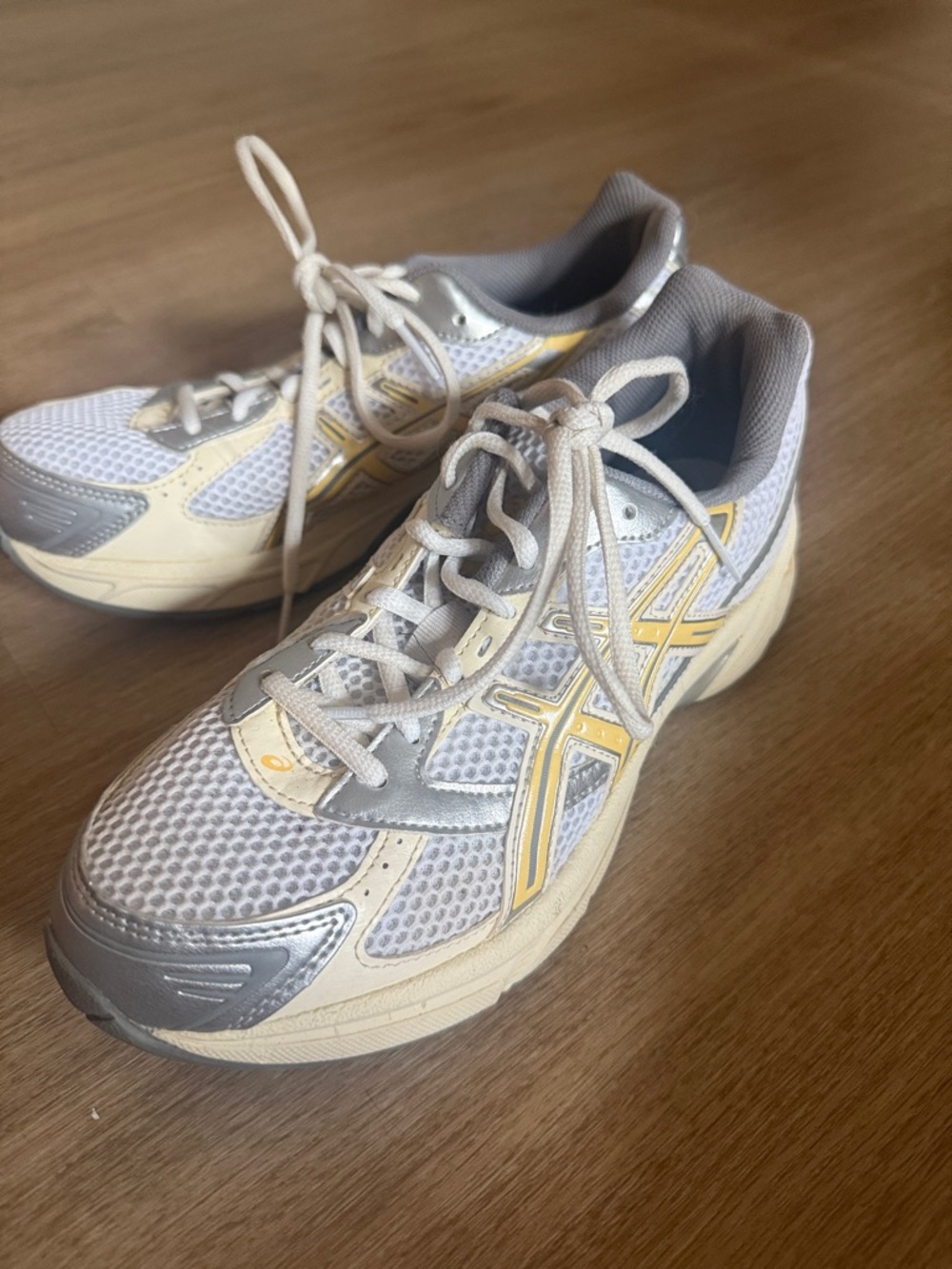 Asics White, Gray & Pale Yellow Running Shoes